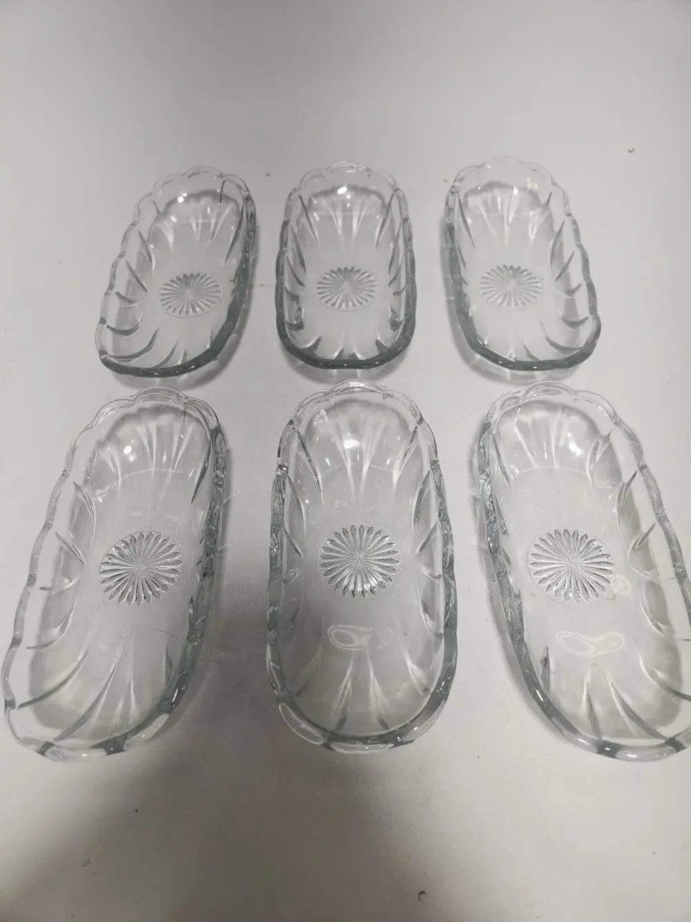 Vintage Set of 6 Clear Pressed Glass Corn on the Cob Dishes Relish Butter Servin
